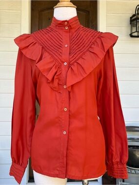‘70s Victorian-Inspired Ruffled Orange Women's Blouse